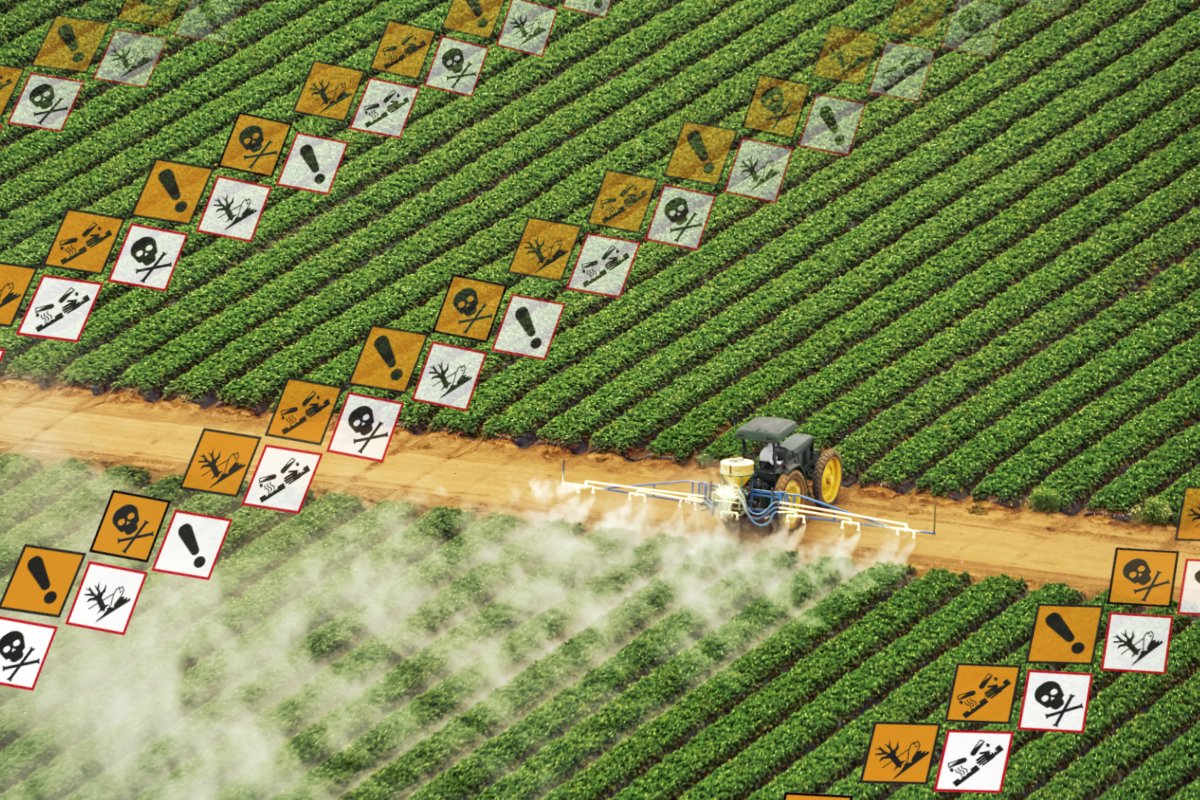 a tractor sprays pesticides on a field while hazard symbols fade into the distance. (168开奖官方开奖网站 illustration)