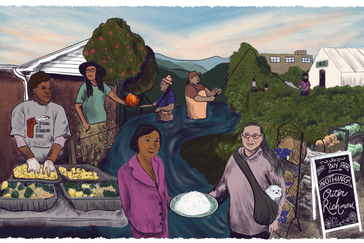 A colorfully hand drawn image of diverse people working in food 一分钟赛车官方开奖查询结果 mutual aid, from a bbq'er to someone holding a bowl of rice, and more